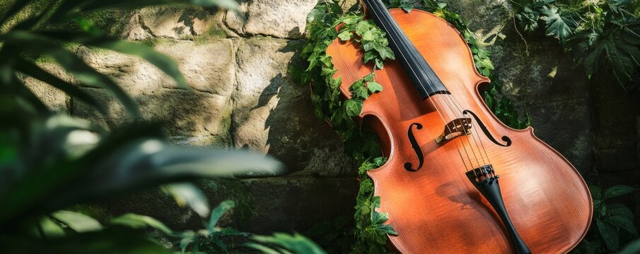 A wooden cello leans against a stone wall in greenery
