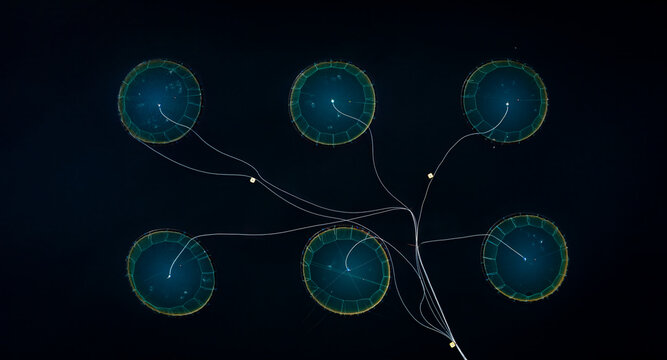 Aerial view of a panoramic salmon farm with abstract geometry and beautiful patterns in water, Sorstraumen, Troms, Norway.