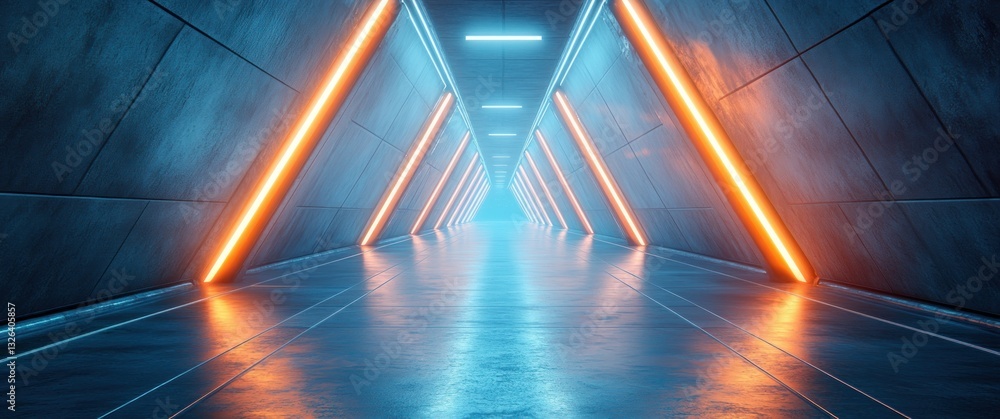 Poster futuristic sci-fi corridor with glowing lights and abstract minimalistic design in empty space