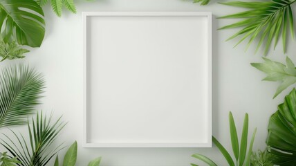 Minimalist blank white frame surrounded by lush green tropical leaves on a light background.