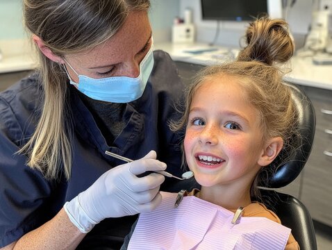 A dentist examining a child's teeth, friendly and welcoming dental clinic