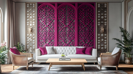 Elegant living room with pink accents and intricate wooden panels