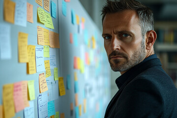 Man engaged in brainstorming session in modern office