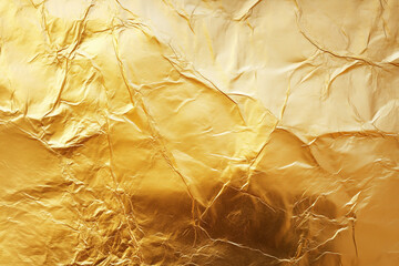 Crumpled golden foil texture with a luxurious and radiant shine. Perfect for elegant backgrounds, branding, and decorative packaging