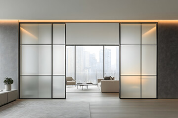 Modern urban living room with frosted glass partitions