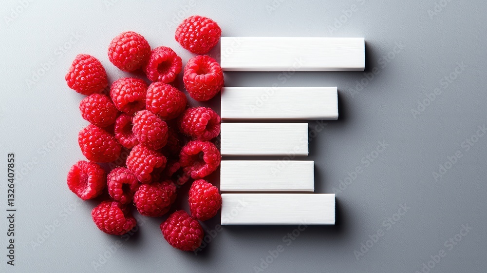 Poster a bunch of raspberries are on a table with a white block that says f