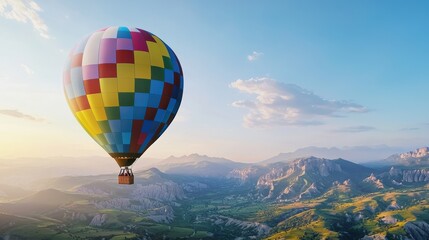 Obraz premium A hot air balloon made of puzzle pieces soaring over a scenic valley