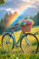 Fototapeta premium Bicycle with basket of flowers in field. Selective focus.
