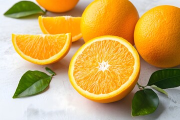 Fototapeta premium Oranges and green leaves on a white table