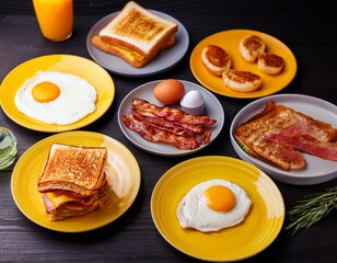 Egg and bacon grill sandwich, 5 plates with eggs, toast, pancakes on modern wooden table, yellow plates, isometric view, modern food design, yellow background, octabox lighting.