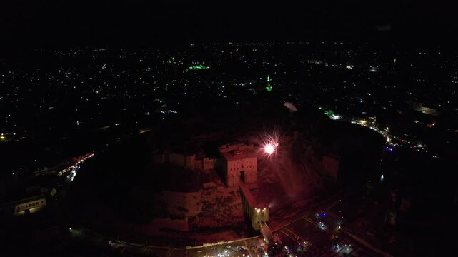Aleppo Citadel is adorned with fireworks to celebrate the end of the Assad regime and the end of civil war in Syria.