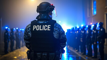 Police officer leading riot control formation at night