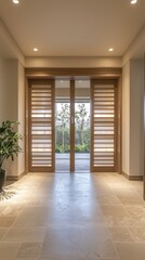 Obraz premium Japandi entryway with sliding wooden doors and beige tones.