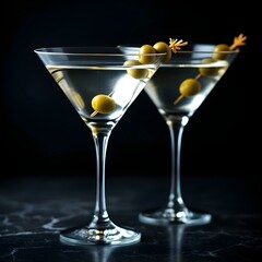 Two elegant martini glasses filled with clear liquid, each garnished with green olives on a skewer