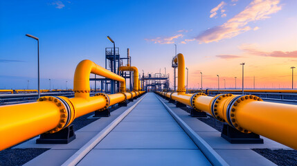 Industrial gas pipeline infrastructure at sunset