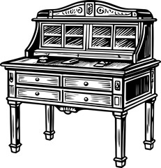 Vintage wooden writing desk illustration with drawers and retro design elements