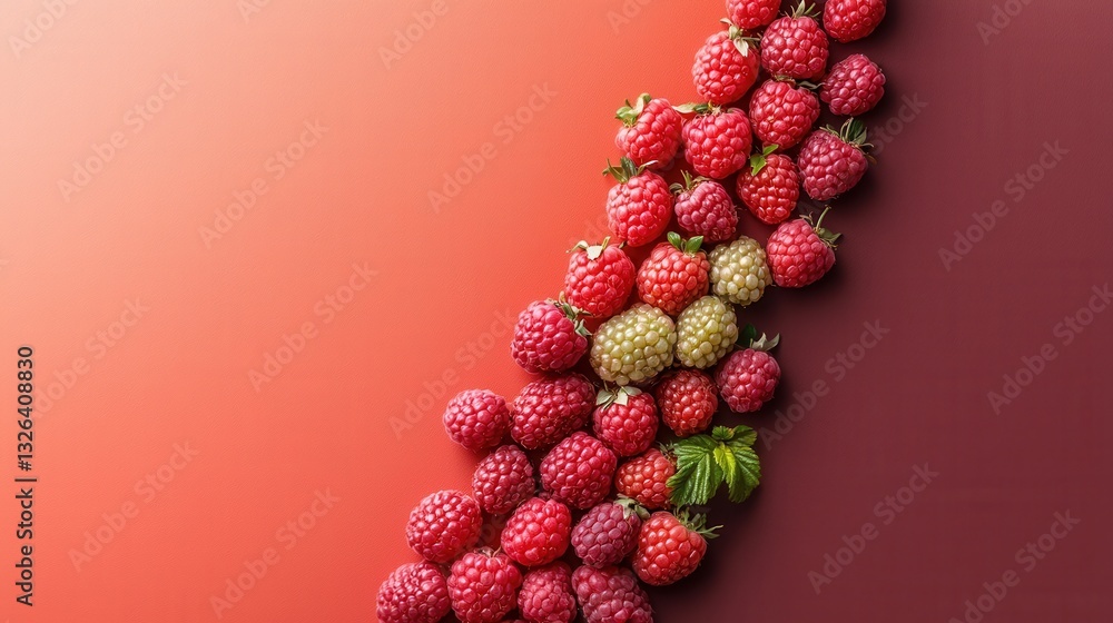 Poster a row of red raspberries on a red background
