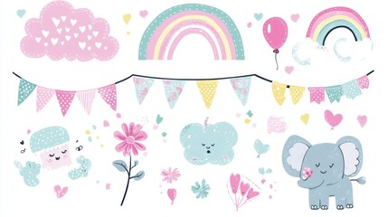 Vector illustration of cartoon elements for a baby girl's birthday party, including clouds, rainbows, banners, ribbons, balloons, flowers, and an elephant on a white background.