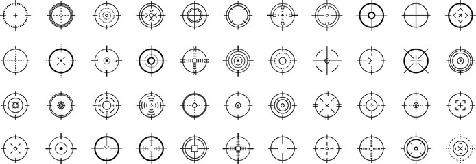 Weapon sight, sniper rifle optical scope. Hunting gun viewfinder with crosshair. Crosshair gun sight icons set. Bullseye, target or aim symbol. Shooting mark. Military target sign. Game UI.