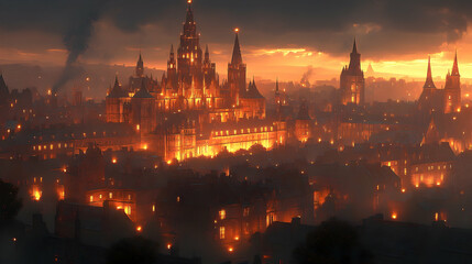 Fototapeta premium Fiery city skyline at dusk