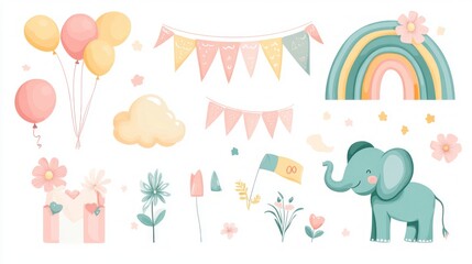 Vector illustration of cartoon elements for a baby girl's birthday party, including clouds, rainbows, banners, ribbons, balloons, flowers, and an elephant on a white background.
