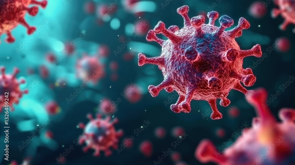 Poster macro view of virus particles under microscope with blue background
