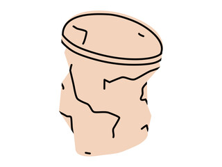 Hand drawn cute cartoon illustration of crumpled cup. Flat vector disposable plastic trash or environmental pollution doodle style. Crushed beverage container sticker or icon. Waste sorting. Isolated.
