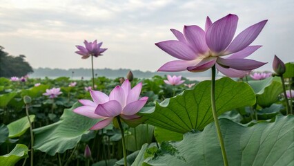 Delicate purple flower petals with lush green leaves, evoking elegance, tranquility, and natural beauty.