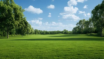 Fototapeta premium Lush green meadow with trees under a partly cloudy sky