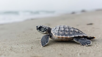 Ecological impact wildlife protection concept. Hatchling turtle crawling on sandy beach towards the ocean.
