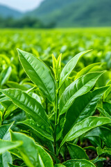 Fototapeta premium Lush green tea leaves in a tea plantation
