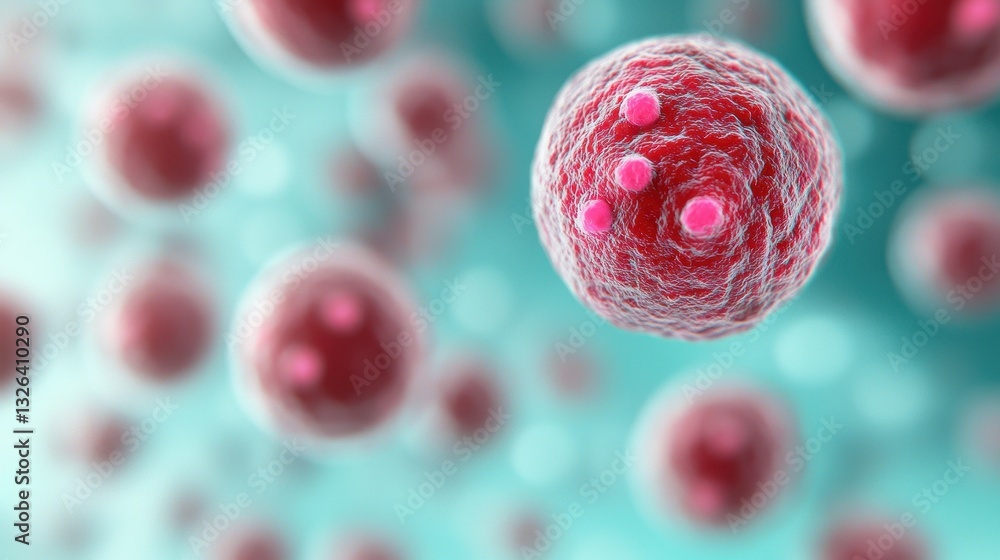 Poster detailed view of microscopic cells with red structures and light background