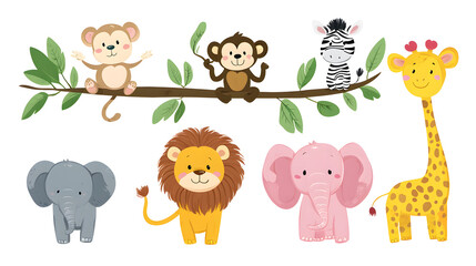 Fototapeta premium Collection of Cute Vector Cartoon Wild Animals Featuring a Playful Monkey