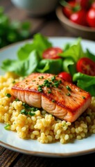 Elegant salmon dish, bulgur side, vibrant salad, rustic wood, salmon, spring, dinner