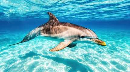 Obraz premium Ecological impact wildlife protection concept. Dolphin swimming gracefully in clear blue water.