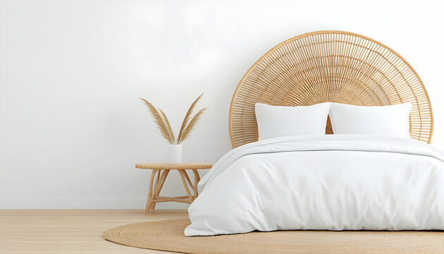 Minimalist bedroom with a woven headboard