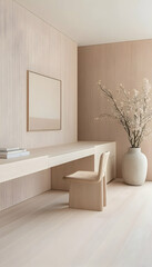 Minimalist, light-filled study nook with a light beige wooden desk and chair, showcasing a neutral color palette, modern design elements, and a simple aesthetic