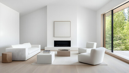 Minimalist living room with fireplace and large windows