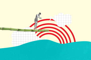 Composite sketch design artwork 3D photo collage of summer vacation young man stand bamboo diving...