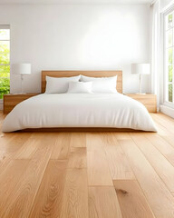 Modern bedroom with light wooden floors and white bedding