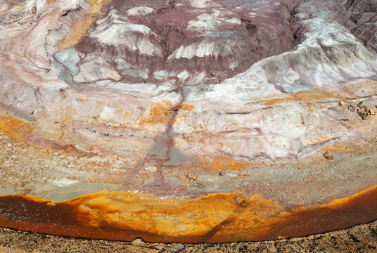 Aerial view of colorful and vibrant geological formations and mineral deposits along the Rio Tinto, Minas de Riotinto, provincia de Huelva, Spain.