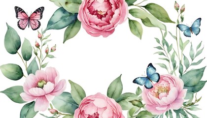 Watercolor hand painted nature romantic banner frame with green eucalyptus plants, pink blossom peony flowers and butterflies on the white background for invitations and greeting cards, invitation, 34