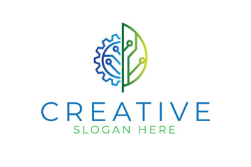 Abstract Green Tech Gear Logo Design Modern Minimalist Eco Art Blue Line Idea Clean Smart 
