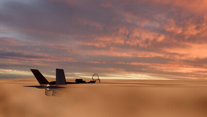 A military jet plane on a foggy airfield (3D Rendering)