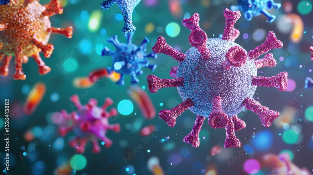 Poster colorful representation of viruses under a microscope with bokeh effect