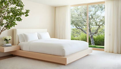 Modern minimalist bedroom with large windows