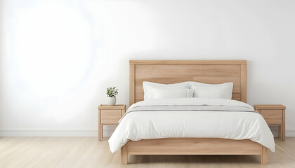 Modern, minimalist bedroom with light, wooden furniture