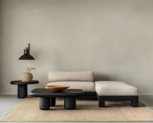 Modern minimalist living room with a sectional sofa and coffee tables.  Beige sofa, dark wood coffee tables, and simple lighting
