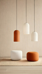 Modern pendant lights and accent stools in a neutral color palette