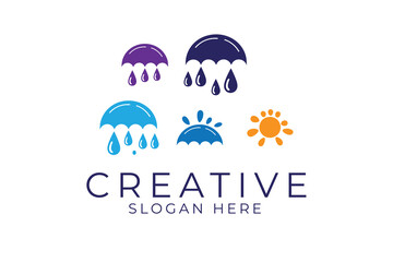 Colorful Umbrella Rain Sun Logo Design Template icon blue drop flat water shiny fresh     